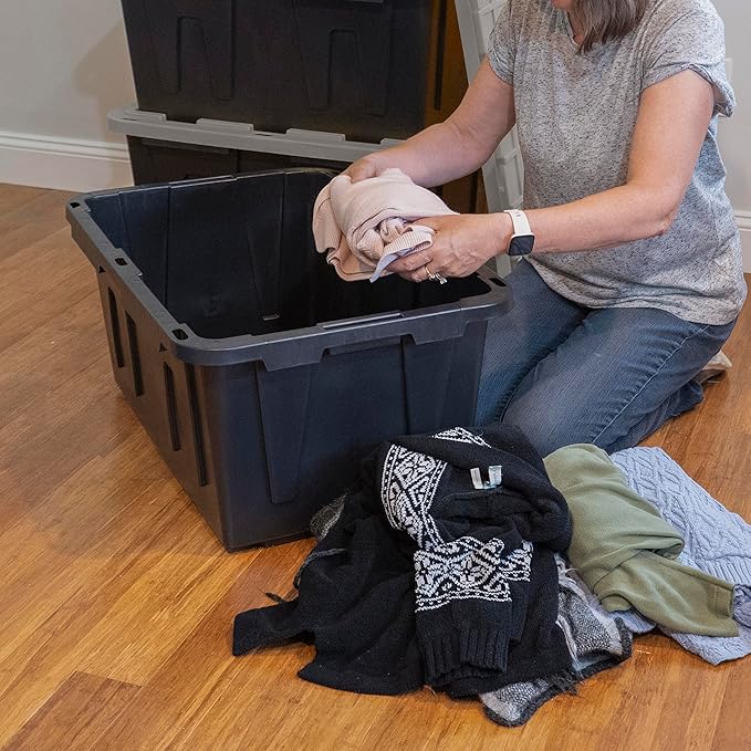 CX BLACK & YELLOW, 27-Gallon Heavy Duty Tough Storage Container & Snap-Tight Lid, Black and Grey, (14.3"H x 20.6"W x 30.6"D), Weather-Resistant Design and Stackable Organization Tote [4 Pack]