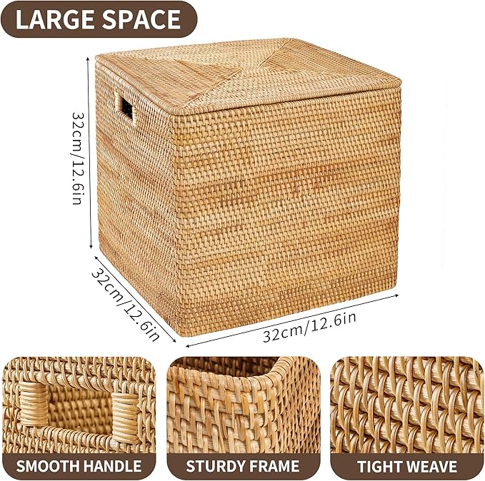Rattan Basket With Lid,Large Storage Basket Lidded,Rattan Box For Shelf (12.6" L×12.6"W×12.6"H)