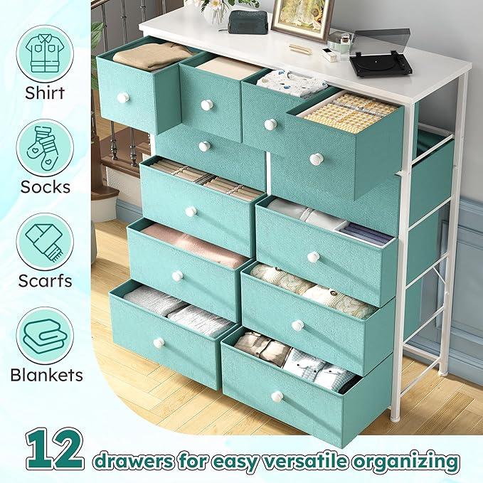 Dresser for Bedroom with 12 Drawers, Fabric Dressers & Chest of Drawers with Sturdy Metal Frame, Wood Top, for Woman, 40.6" W x 11.8" D x 44.5" H (Turquoise)