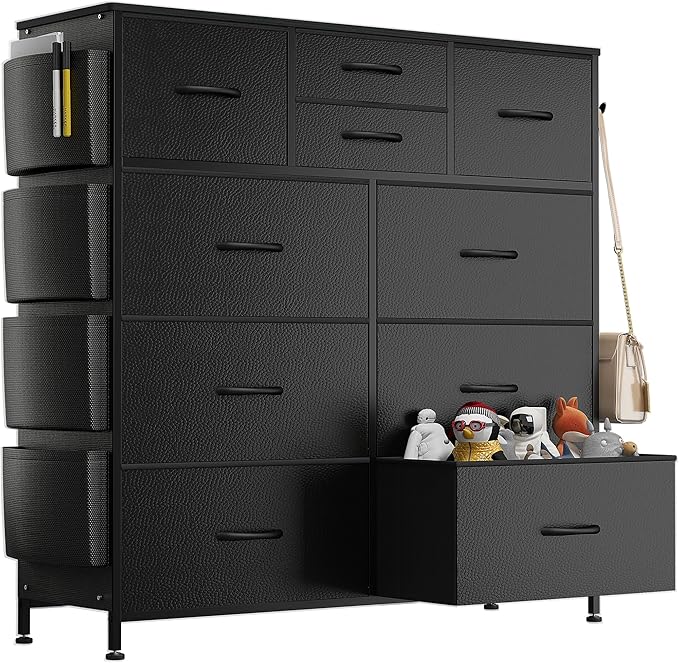 Lulive Dresser for Bedroom with 10 Drawers, Chest of Drawers with Side Pockets and Hooks, PU Storage Dresser, Organizer Unit for Living Room, Hallway, Closet (Black)