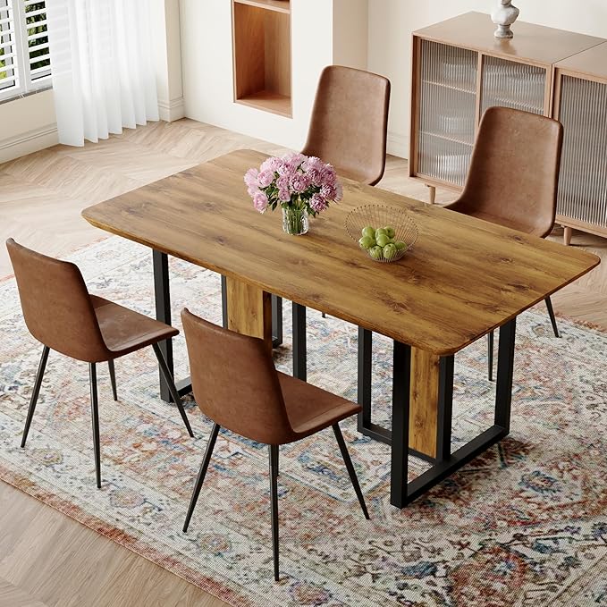 JUFU Dinner Table Set for 4, 67'' Wood Faux Marble Dining Table Set for 4 with PU Upholstered Chairs, Modern Rectangle Dining Table Chairs Set of 4, Ideal for Dining Room, Sturdy and Easy Assembly