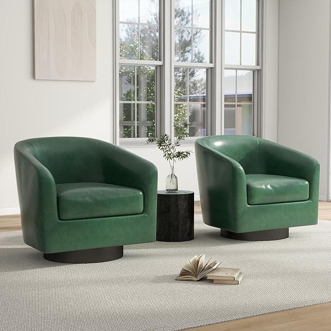 Swivel Barrel Chair, Modern Round PU Leather Accent Armchair for Living Room, Bedroom, Oversized Comfy Club Reading Chairs for Adults (Leather Green, Set of 2)