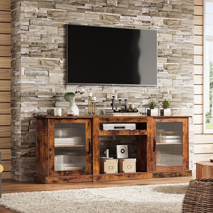 WLIVE Farmhouse TV Stand for 75 inch TV, Entertainment Center with Storage Cabinets, Mid Century Modern TV Console for Living Room, Bedroom, Rustic Brown