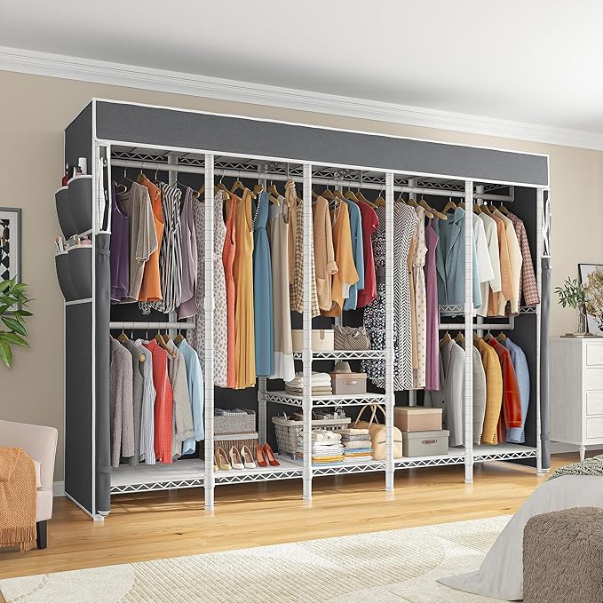 Raybee 90.6" W Clothes Rack with Cover Heavy Duty Clothing Rack with Cover Loads 1200LBS Freestanding Garment Rack for Bedroom, White