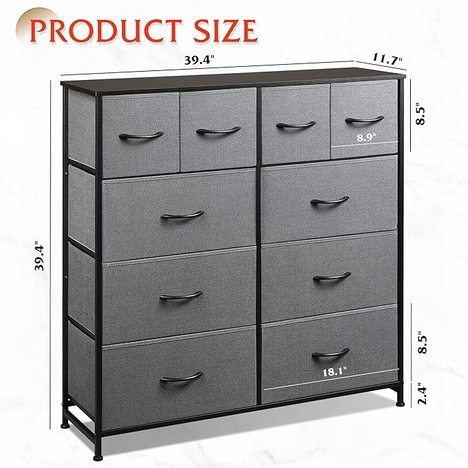 WLIVE Large Dresser for Bedroom, Fabric Dresser with 10 Drawers, Storage Tower with Fabric Bins, Double Dressers, Chest of Drawers for Closet, Living Room, Hallway, Dark Grey