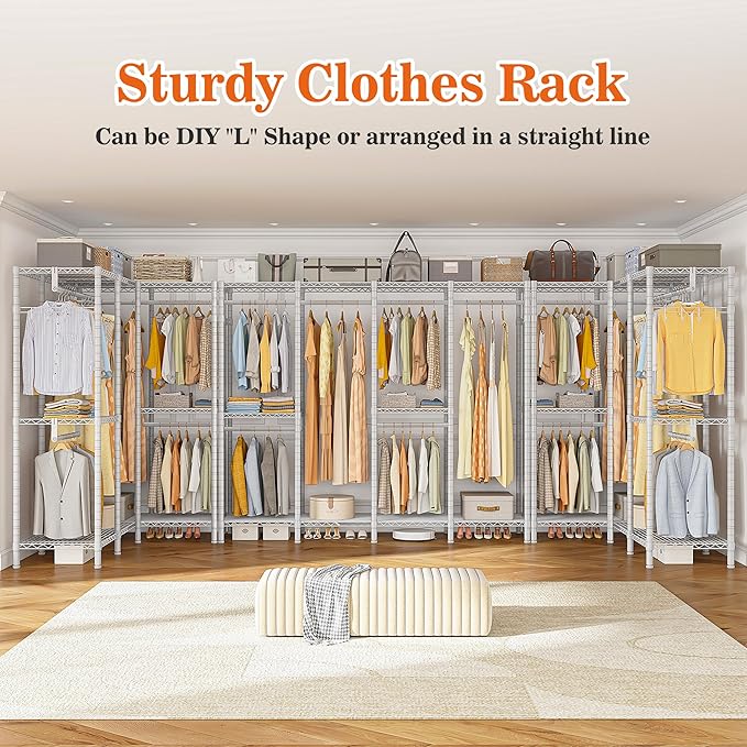 Raybee Clothes Rack Heavy Duty Clothing Racks for Hanging Clothes Loads 1100LBS, Garment Rack Freestanding for Bedroom, 75" H x 75" W x 15.7" D, White