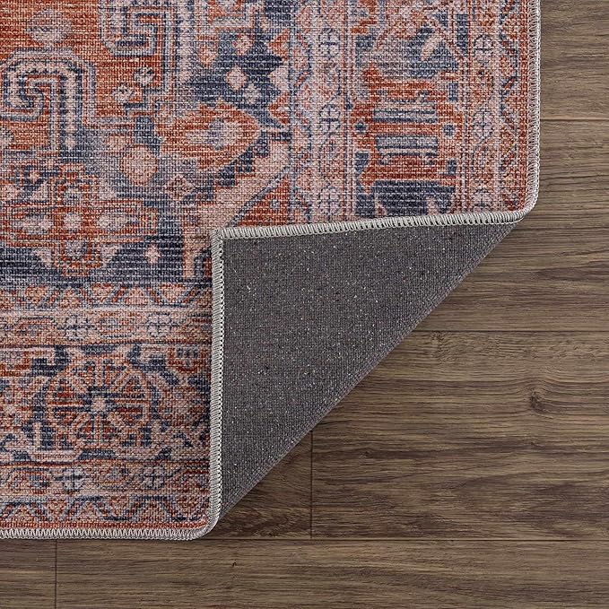 BoutiqueRugs Taber Farmhouse Runner Rug - Machine Washable - Blue, Burnt Orange, Pale Blue - 2'7" x 7'3" Runner