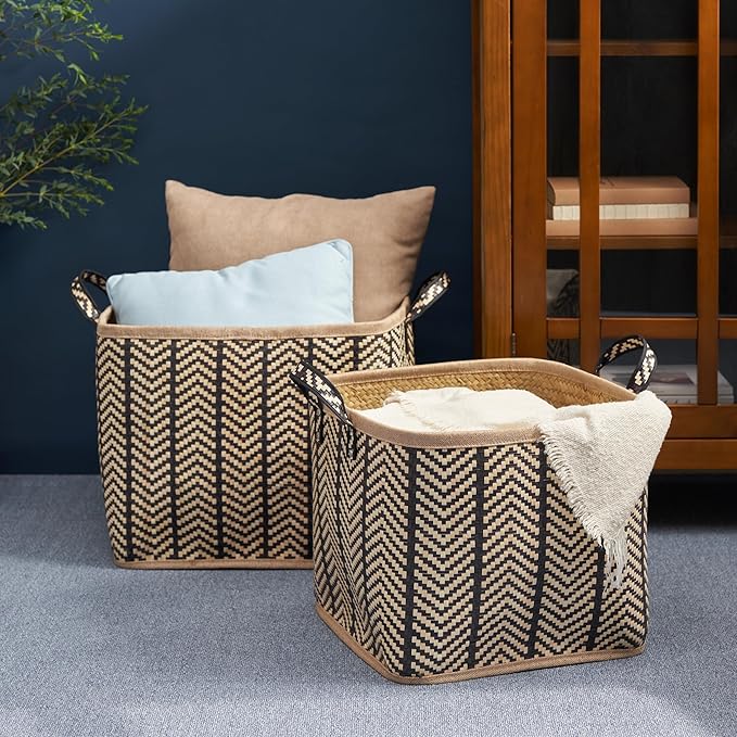 Set of 2 Isidore Square Palm Leaf Woven Wicker Storage Baskets with Handles (14"x14"x15" and 16"x16"x17" - Black-Brown) - Perfect for Halloween, Thanksgiving, and Home Organization
