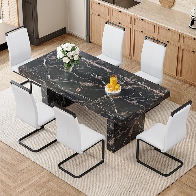Ebullient Marble Dining Table Set for 6, 79'' Black Kitchen Table Set for 6, 3.5'' Thick Wooden Top with Rectangle Heavy Duty Legs, Modern Dining Table and Upholstered Chairs Set of 6, Marble Grain