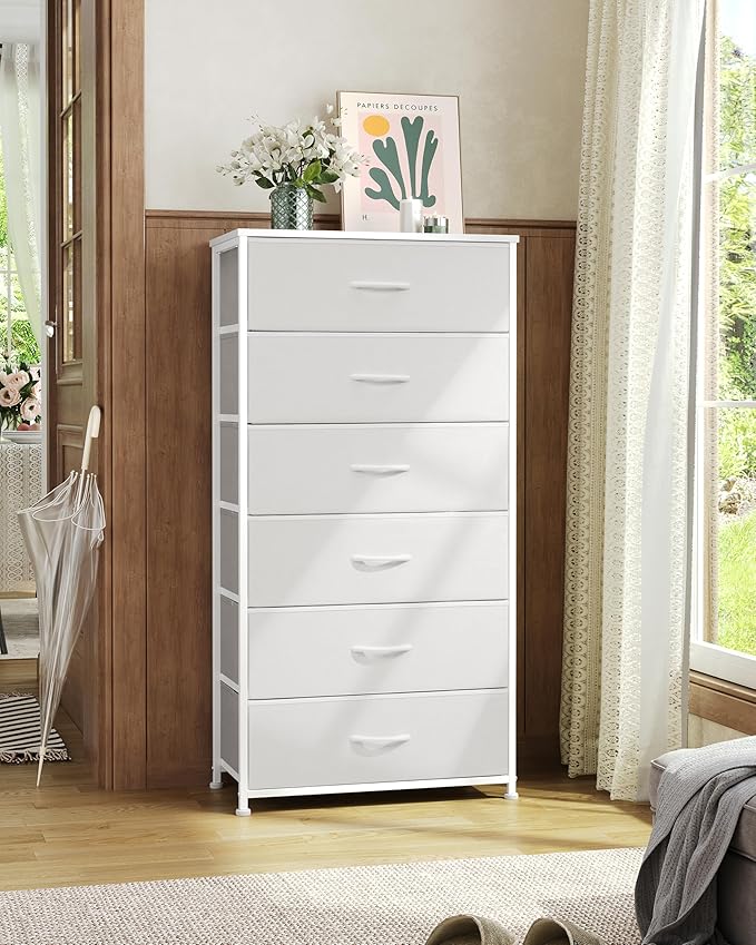 Crestlive Products Dresser for Bedroom with 6 Drawers, Tall Chest of Drawers, White Dressers Bedroom Furniture, Storage Organizer Unit with Bins for Closet, Hallway, Living Room, Entryway