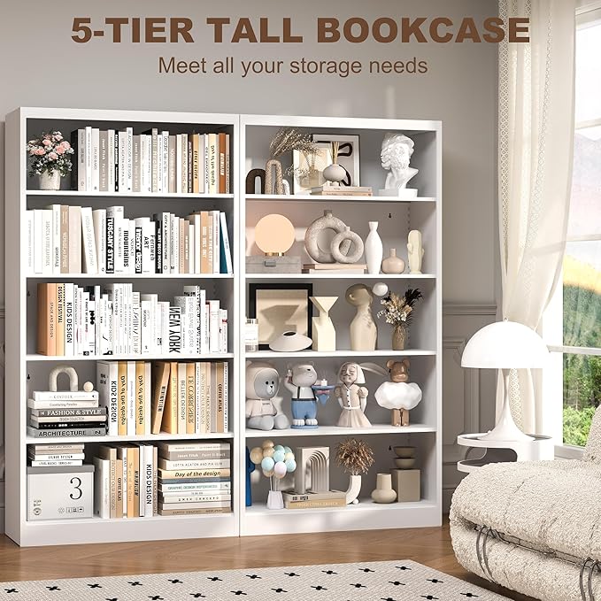 Book Shelf Organizer, Metal Bookshelves Adjustable, 5 Tier White Bookcase, Heavy Duty Open Bookshelf for Office, Living Room, Library, Bedroom, 65.8" Tall