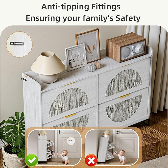 Large Shoe Cabinet Storage for Entryway Hidden Rattan Shoe Cabinet with 4 Flip Drawers Freestanding for Entryway、Hallway Beige