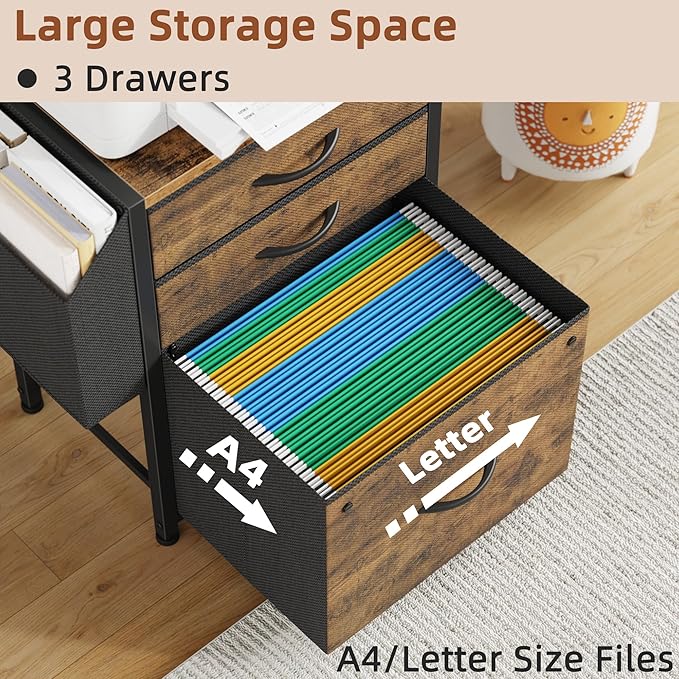 Small 3 Drawer File Cabinet with Charging Station, 3-Tier Tall Filing Cabinet for Home Office, 11''*16'' for Small Printer, Fabric Drawer Fits Letter/A4, Printer Stand 45''H, Rustic Brown