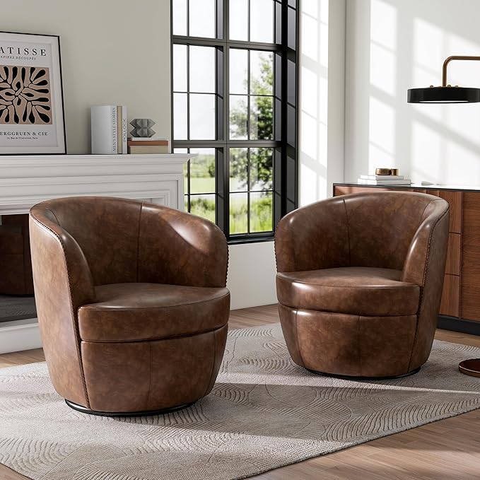 Swivel Barrel Chair, Modern Round PU Leather Accent Armchair for Living Room, Bedroom, Comfy Club Reading Chairs for Adults (Leather Coffee, Set of 2)