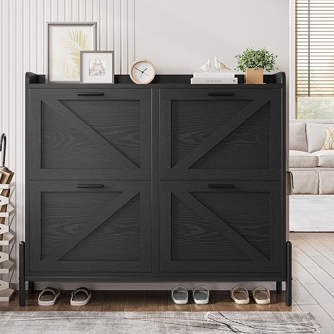 IRONCK Farmhouse Shoe Storage Cabinet with 4 Flip Drawers, Freestanding Shoe Organizer with Adjustable Shelf for Entryway, Narrow Shoe Rack Cabinet for Hallway, Living Room, Black