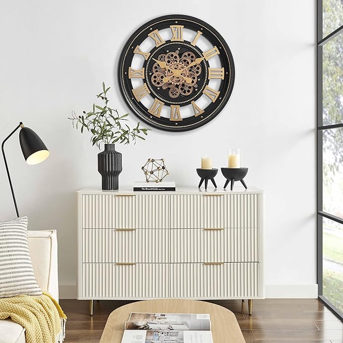 CLXEAST 24 Inch Wall Clock with Moving Gears, Large Roman Numeral Gear Clock for Living Room Decor,Modern Black& Gold Finish,House Warming Gifts New Home