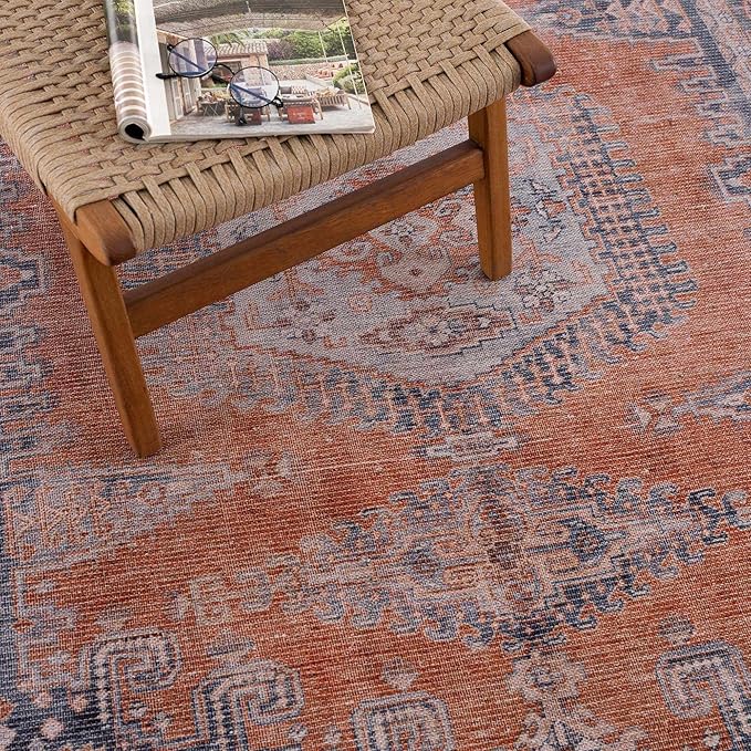 BoutiqueRugs Taber Farmhouse Runner Rug - Machine Washable - Blue, Burnt Orange, Pale Blue - 2'7" x 12' Runner