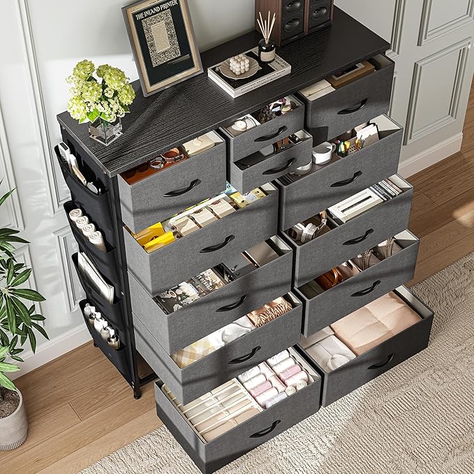 EnHomee Dresser for Bedroom with 12 Drawers, Dressers & Chest of Drawers with Side Pockets, Fabric Dresser for Bedroom, Hallway, Living Room, Sturdy Metal Frame, Wood Top, Grey