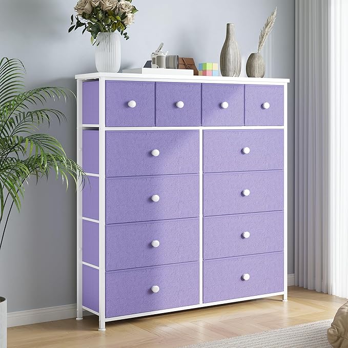Dresser for Bedroom with 12 Drawers, Fabric Dressers & Chest of Drawers with Sturdy Metal Frame, Wood Top, for Woman, 40.6" W x 11.8" D x 44.5" H (Purple)
