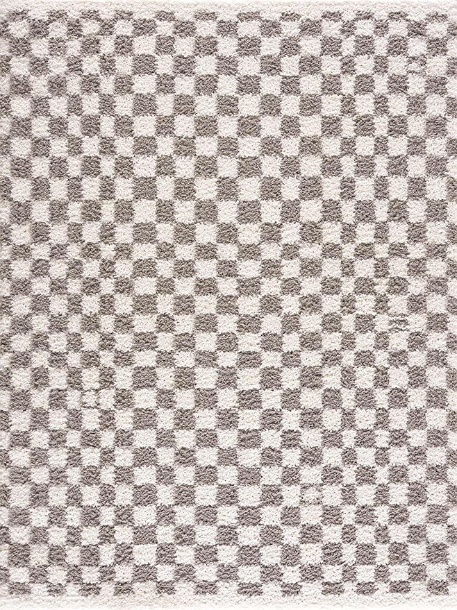 Hauteloom Kieu Contemporary Checkered Fluffy Shag Runner Rug - Modern Geometric Soft Carpet Tiles for Hallway, Kids Room, Nursery - Light Gray, Taupe, Gray - 2'7" x 7'3"