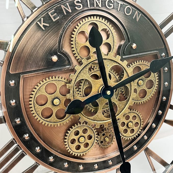 Real Moving Gears Wall Clock Large Modern Metal Clocks for Living Room Decor, Industrial Steampunk Unique Vintage Rustic Decorative Clock for Home Farmhouse Office, 27.6 Inch,Red Copper Roman