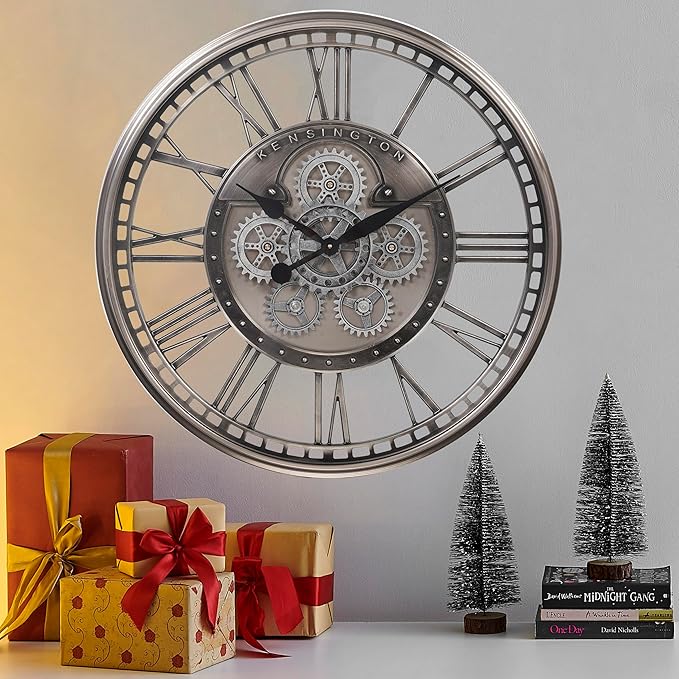 CLXEAST 28 Inch Original Real Moving Gear Wall Clock Roman Numerals,Oversized Large Wall Clocks for Modern Farmhouse Living Room Home Decor,Brushed Gunmetal