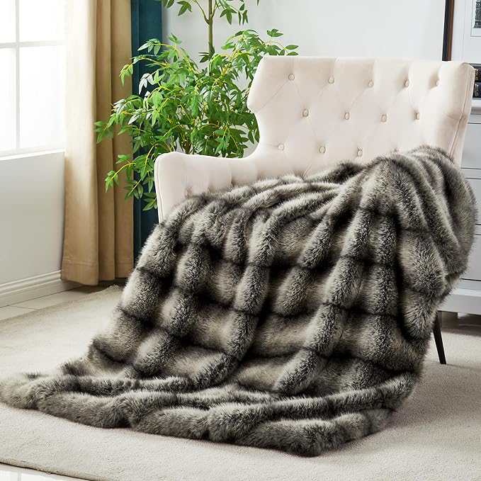 JONIYEAR High-end Premium Fuzzy Faux Wolf Fur Throw Blanket 50" x 60", Luxury Cozy Accent Thick Animal Skin Fluffy Fox Blanket for Couch Sofa, Soft Warm Gray Bear Furry Blankets for Winter, Black Grey