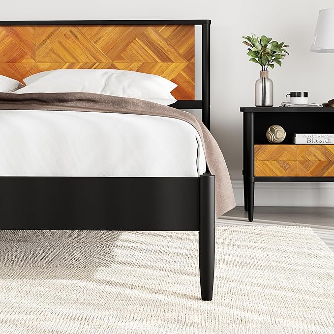 Lenia Queen Bed Frame with 2 Matching Nightstands – Modern Wood Platform Bed Set, Chevron Diamond Design, No Box Spring Needed, Slatted Support (Teak Brown, Queen)