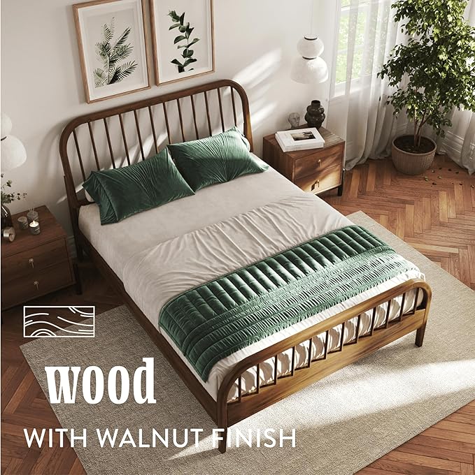 DG Casa Wesley Solid Wood Queen Size Bed Frame - Mid Century Modern Style, Platform with Spindle Headboard and Footboard, No Box Spring Required, Walnut Finish