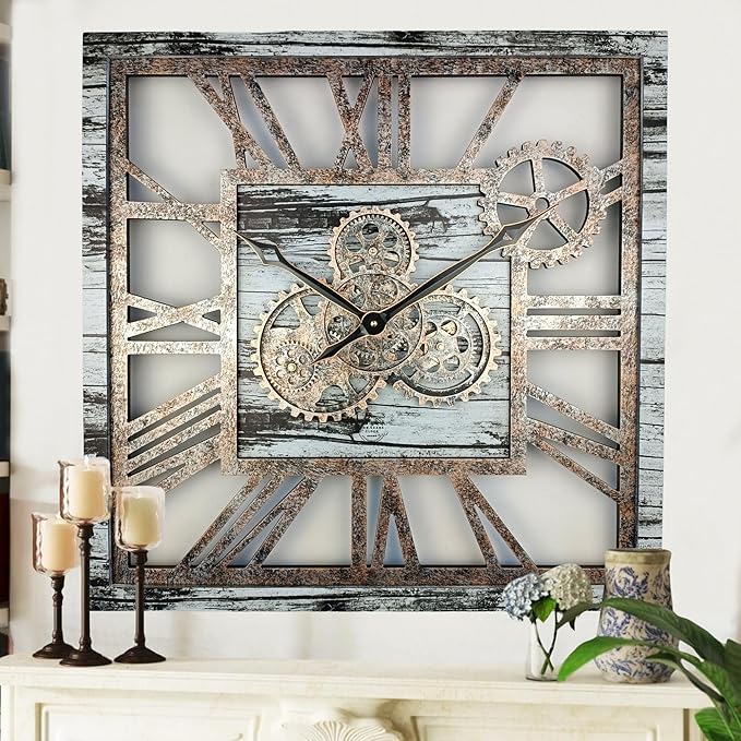 The Gears Clock 24'' Inch Square Real Moving Gear Wall Clock Vintage Industrial Oversized Rustic Farmhouse (Grey and White)