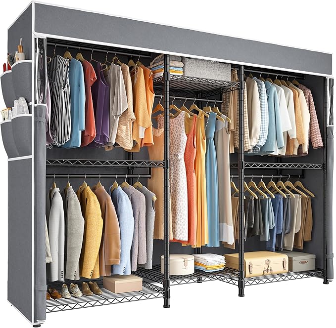 Raybee Heavy Duty Clothes Rack with Cover Clothing Rack for Hanging Clothes,Portable, Adjustable,Metal,Max Load 900lbs,Black