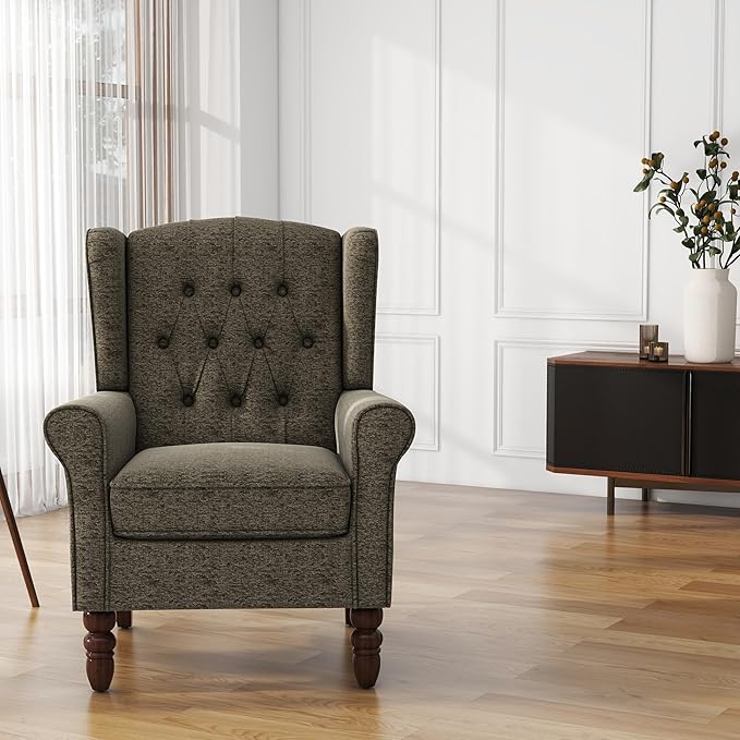 UIXE High Back Accent Chair, Fabric Upholstered Armchair Comfy Wingback Arm Club Chair for Living Room, Retro Single Sofa Bedroom Reading Seat with Solid Wood Legs - Taupe