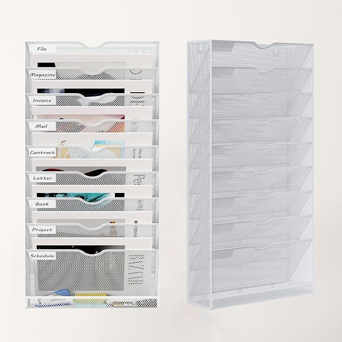 10 Tier Hanging Wall File Holder, Metal A4 Wall Mounted Document Holder, Vertical Hanging Mail Organizer, Magazine Storage Rack with Tray for Office Home Classroom, White
