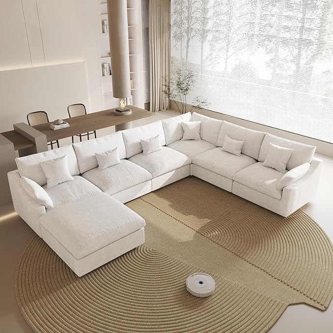 Cloud Couch for LivingRoom,153" U Shaped Modular Sectional Couch with Storage Ottoman,Down Filled 7 Seater Convertible Sleeper Sofa Bed Oversized Furniture,White