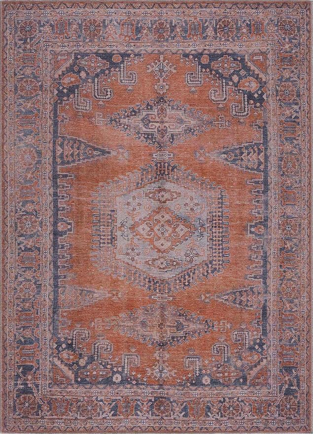 BoutiqueRugs Taber Farmhouse Runner Rug - Machine Washable - Blue, Burnt Orange, Pale Blue - 2'7" x 12' Runner
