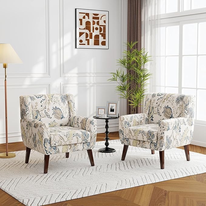 Accent Chairs Set of 2, Modern Fabric Armchairs for Living Room, Comfy Upholstered Arm Chairs Tufted for Indoor Bedroom Office Room (Pattern Leaf)