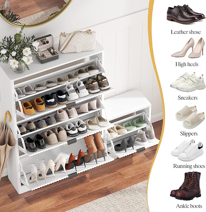 Shoe Cabinet Storage for Entryway with 4 Flip Drawers, White Fluted Shoe Cabinet with Bench, Wooden Hidden Shoe Rack Freestanding Narrow Slim Shoes Storage Organizer for Hallway, Entrance