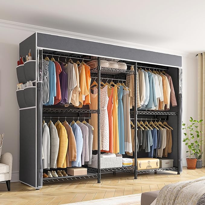 Raybee Heavy Duty Clothes Rack with Cover Clothing Rack for Hanging Clothes,Portable, Adjustable,Metal,Max Load 900lbs,Black