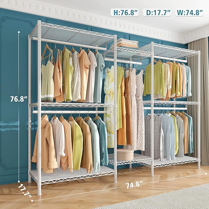 Raybee Clothing Rack for Hanging Clothes Heavy Duty Clothes Rack with Shelves,Portable,Adjustable,Metal,Max Load 900lbs,White
