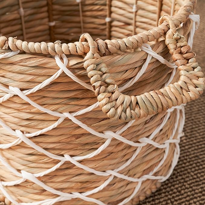 Woven Water Hyacinth Wicker with Rope Storage Basket (18" x 18" x 12.2" - Natural Brown) - Ideal for Halloween, Thanksgiving, and Home Organization