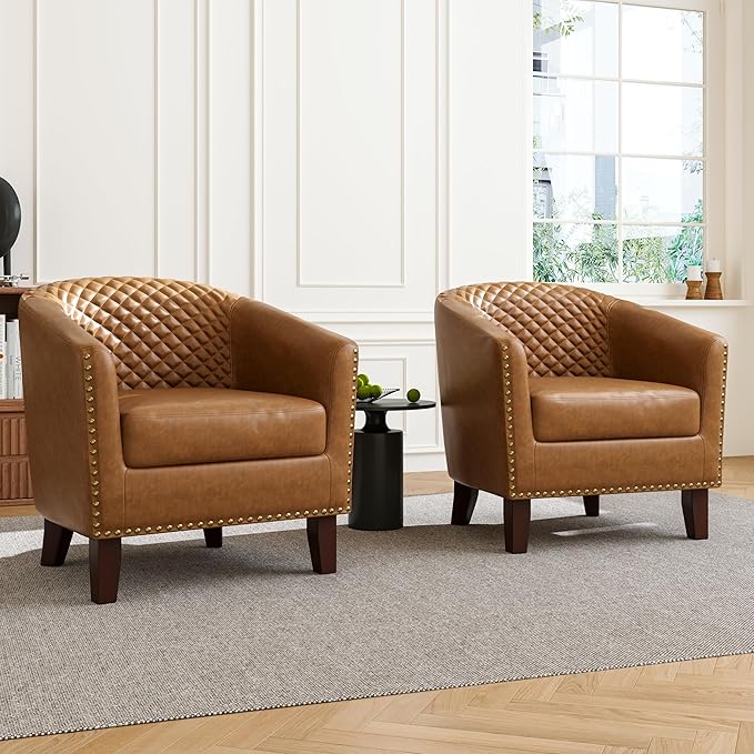 Accent Barrel Chair, Upholstered Faux Leather Club Chair with Nailed Trim, Comfy Reading Armchair for Living Room Bedroom Reception Room Office (Coffee, Set of 2)