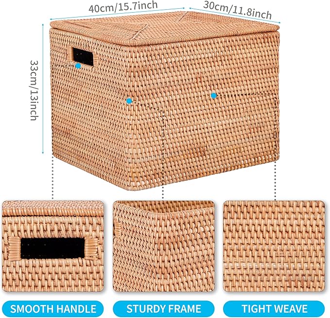Rattan Basket With Lid, Large Lidded Basket For Storage(15.7" L×13"W×11.8"H)