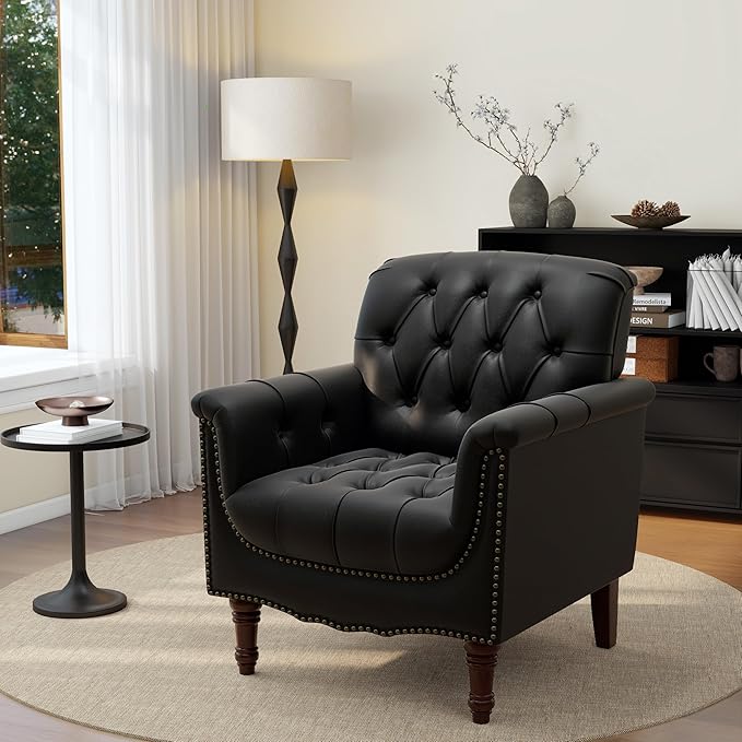 UIXE Black Accent Chair for Living Room, Faux Leather Tufted Arm Chair Retro Upholstered Club Armchair for Bedroom