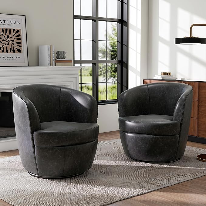 Swivel Barrel Chair, Modern Round PU Leather Accent Armchair for Living Room, Bedroom, Comfy Club Reading Chairs for Adults (Leather Black Grey, Set of 2)
