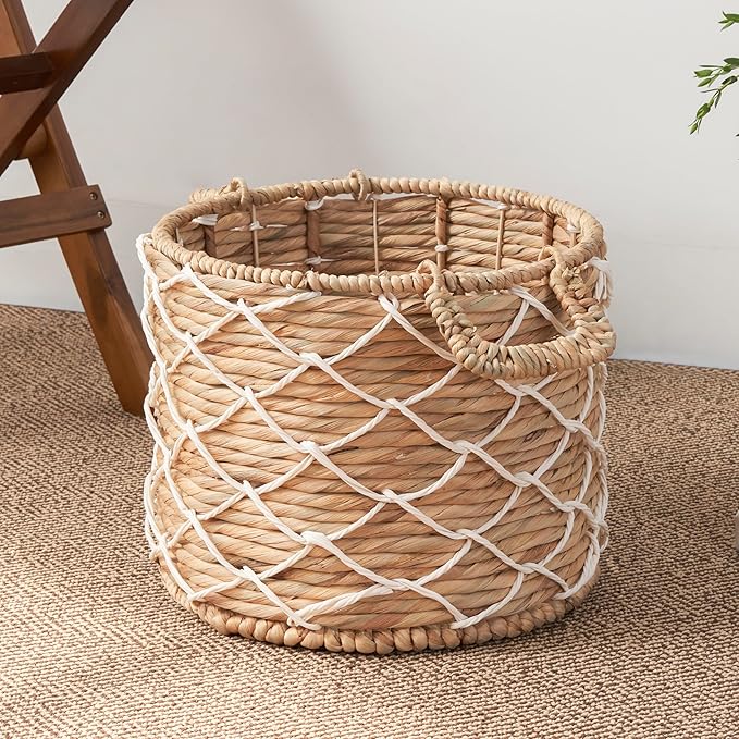 Woven Water Hyacinth Wicker with Rope Storage Basket (18" x 18" x 12.2" - Natural Brown) - Ideal for Halloween, Thanksgiving, and Home Organization