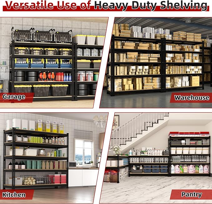 3 Packs 48" W x 24" D x 72" H Adjustable Garage Storage Shelves - 5-Shelf Heavy Duty Shelving Unit, Metal Utility Storage Organizer Racks for Warehouse Pantry Closet Kitchen, Black