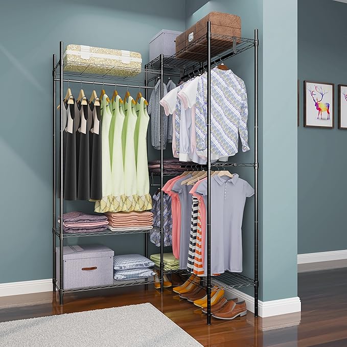 6 Tiers Heavy Duty Clothes Shelf,Metal Garment Rack, Adjustable Garment Rack with Hanging Rod and Wire Fixing Baskets,Max Load 720LBS,Black