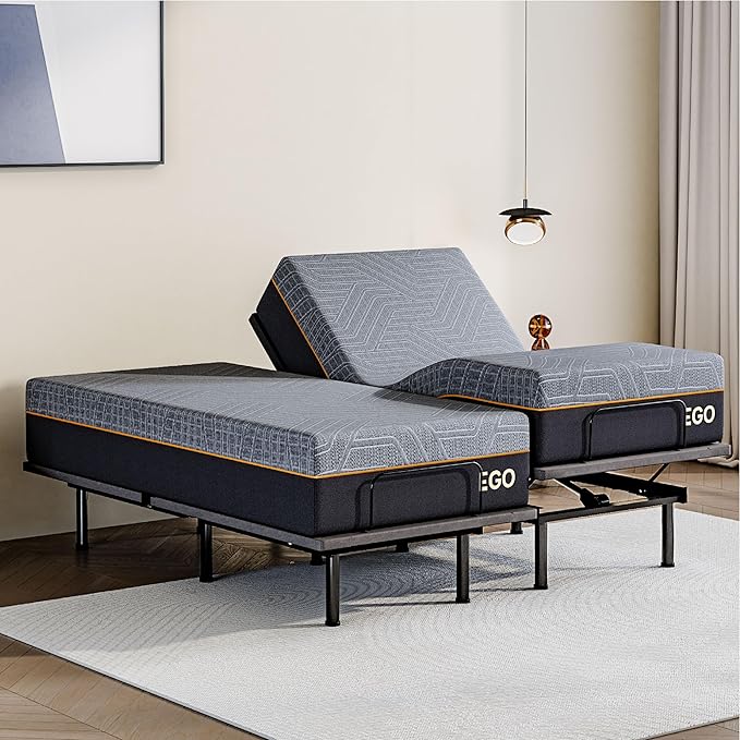 Split King Adjustable Bed Base Frame with Wireless Remote + 12 Inch SPK Gel Memory Foam Mattress Bed in a Box, Head and Foot Incline, Zero Gravity, Fiberglass Free,80" × 38"
