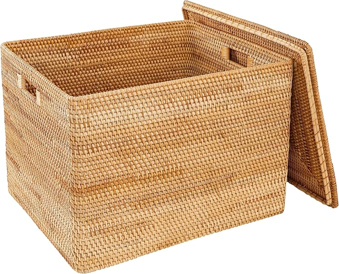 Rattan Basket With Lid, Large Lidded Basket For Storage Rattan Box(21.7" L×17.7"W×15.7"H)