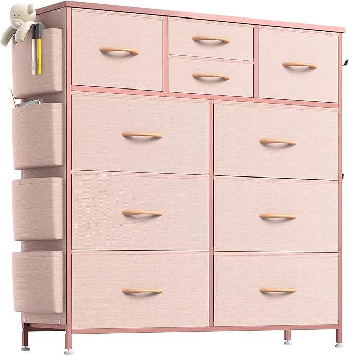Lulive 10 Drawers Pink Dresser for Bedroom - Chest of Drawers with Side Pockets and Hooks, PU Storage Dresser, Organizer Unit for Living Room, Hallway, Closet (Pink)